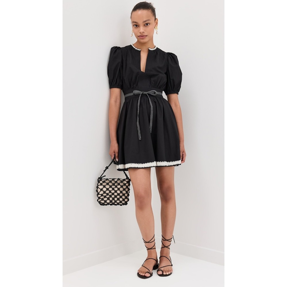 Ulla Johnson Wilda Cotton Poplin Mini Dress 00 Black Rickrack Trim Puff Sleeve